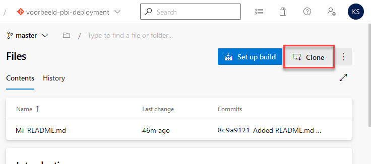 De 'clone' knop in Azure DevOps Repos