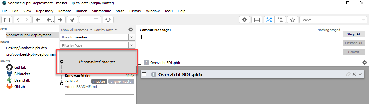 Uncommitted changes in het GitAhead scherm