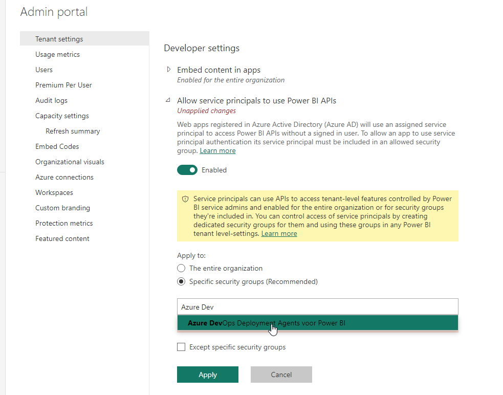 Maak het mogelijk om de Power BI tenant een deployment te laten uitvoeren