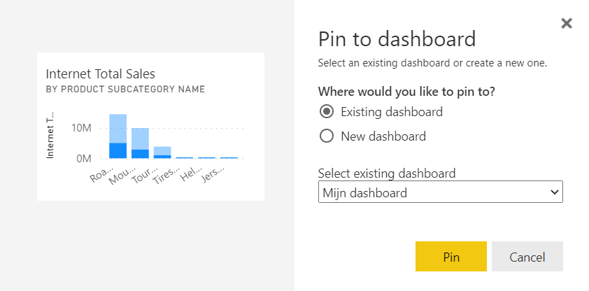 Pin visual to existing dashboard