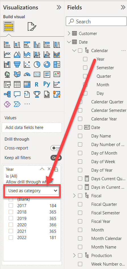 Use calendar year as drillthrough per category